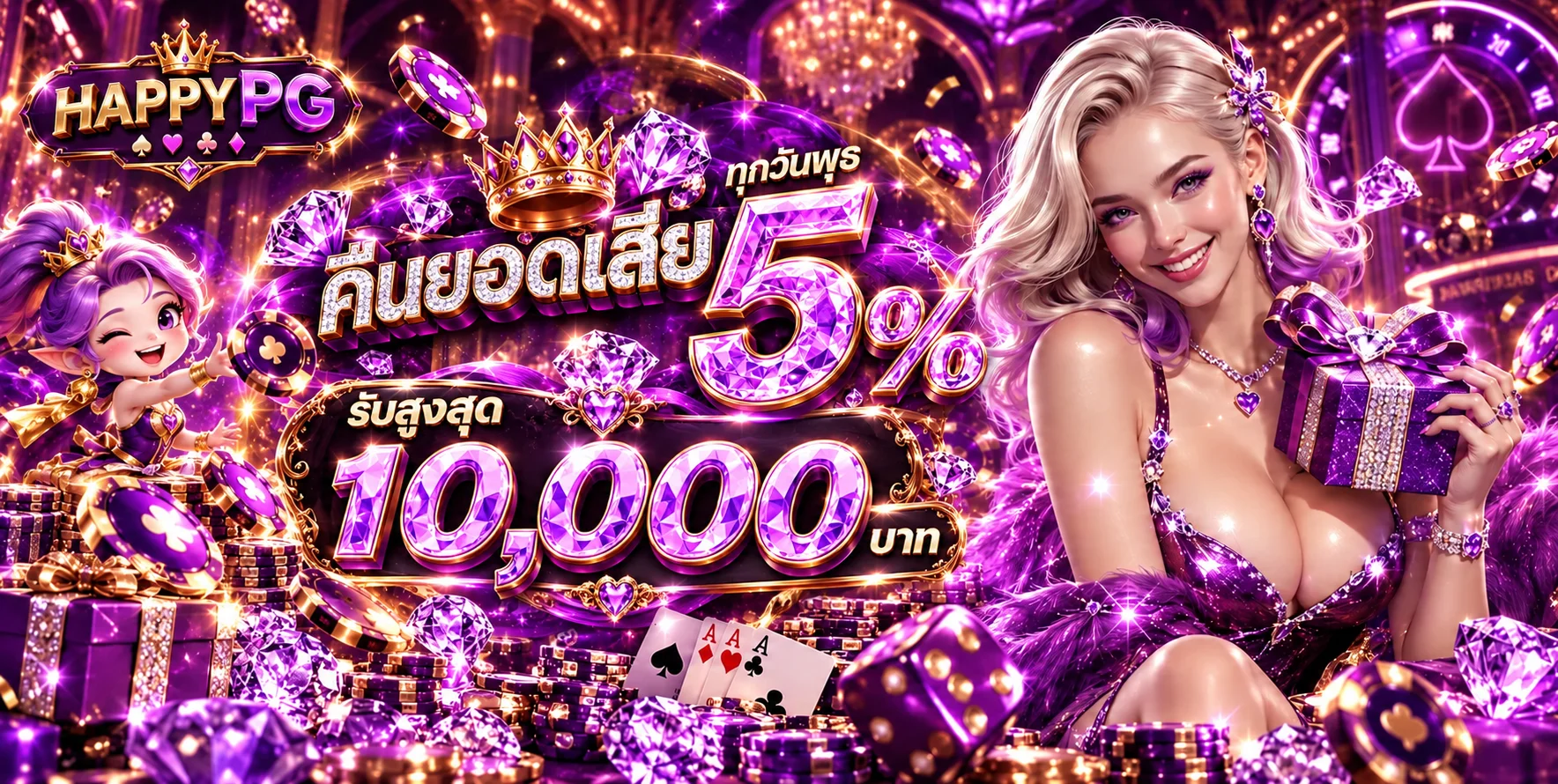 HAPPYPG โปรโมชั่นคืนยอดเสียรายวันในธีมคาสิโนสีม่วงทอง